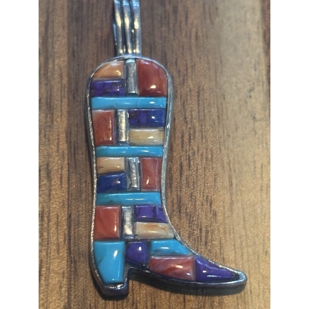 Sterling Silver Spiny Oyster Turquoise, Lapis & Red Coral Inlay Boot Pendant